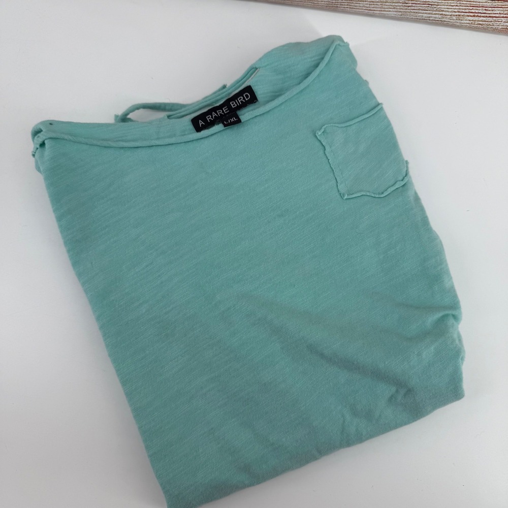 A Rare Bird Teal Distressed Slub Knit Pocket T-Shirt L/XL Short Sleeve Edgy